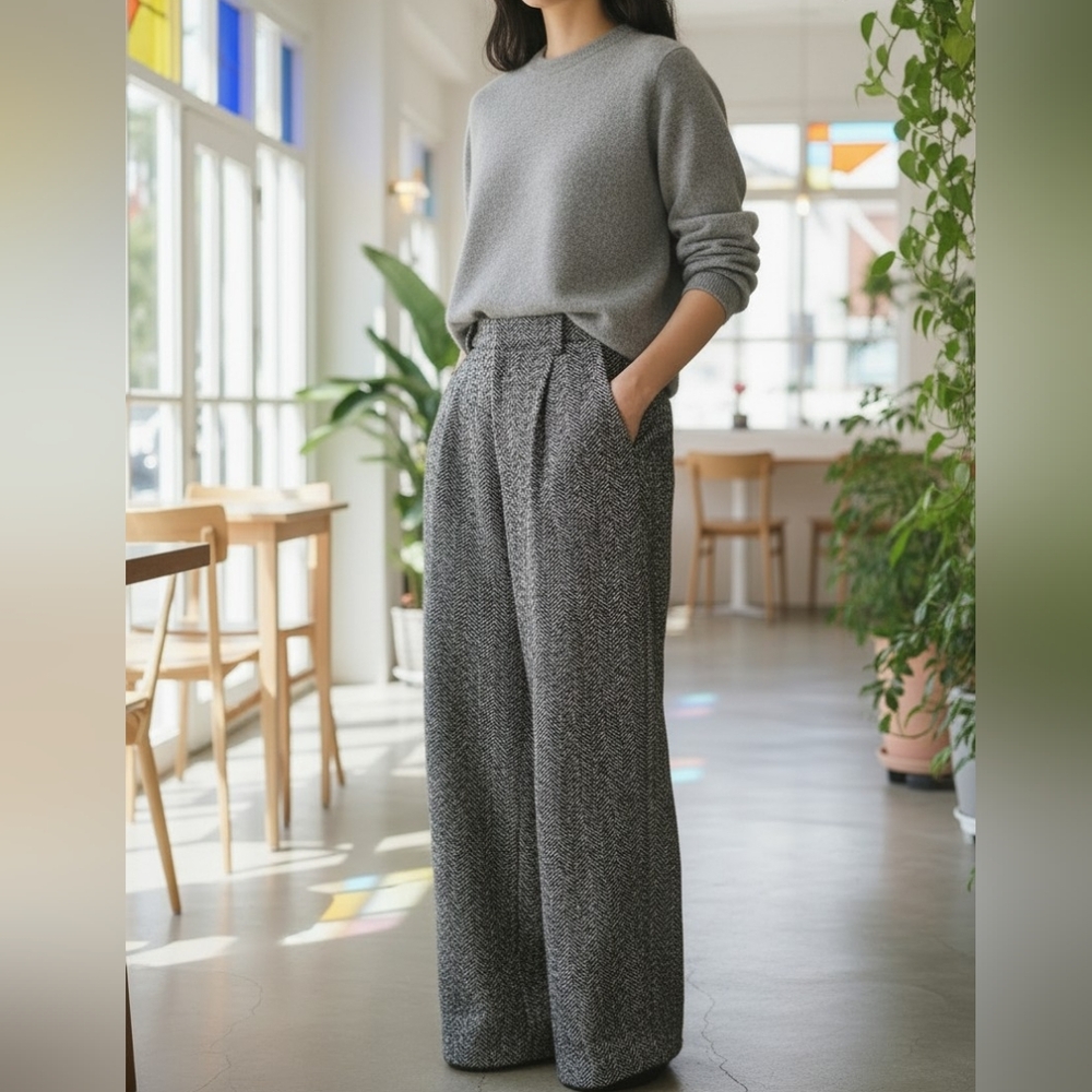 Grey InWear Wool Blend Tweed Ultra Wide-Leg Herringbone Trousers